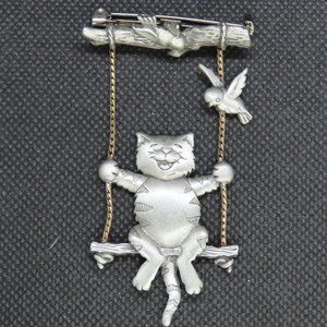 Vintage Pewter Cat on Swing Signed "JJ" Brooch